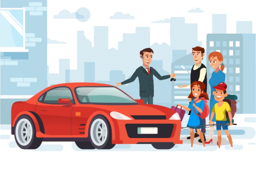 Car rental agent handing keys to a happy family beside their red rental car in the city