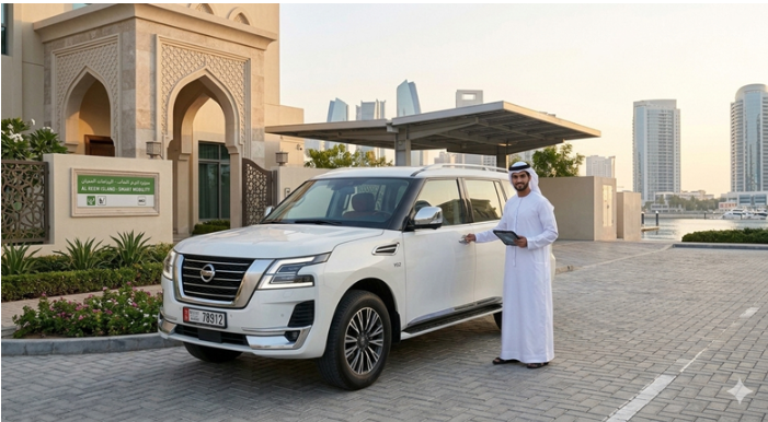 Emirati Customer with white SUV at Abu dhabi car rental location